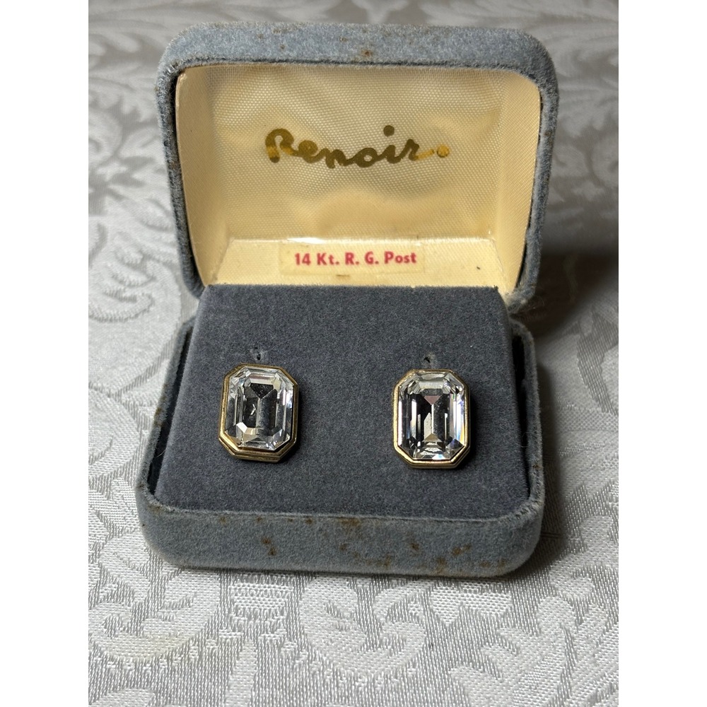 Renoir Vintage Emerald Cut Crystal Stud Earrings 14K Rolled Gold Post with Box